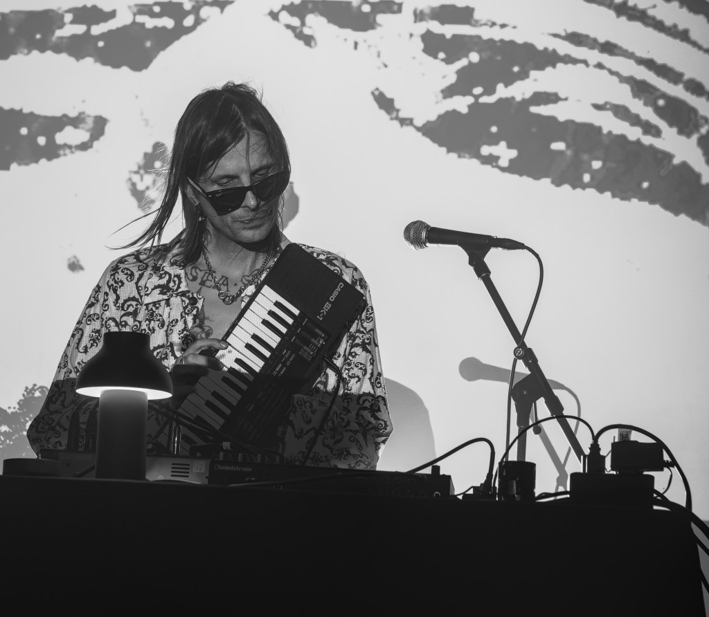 Musician performing with a keyboard instrument while wearing sunglasses, with a microphone and various electronic equipment on a table, set against an artistic background.