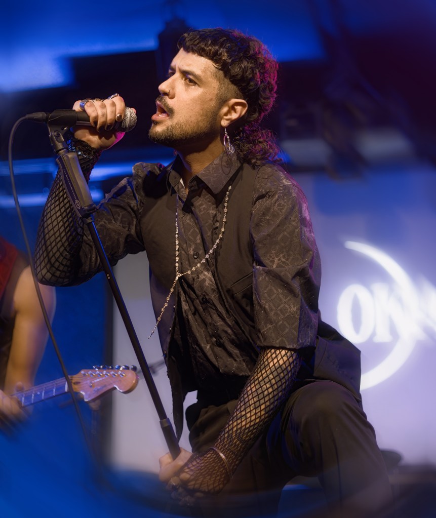 A singer performing on stage, holding a microphone passionately while wearing a stylish outfit with fishnet sleeves and jewelry.