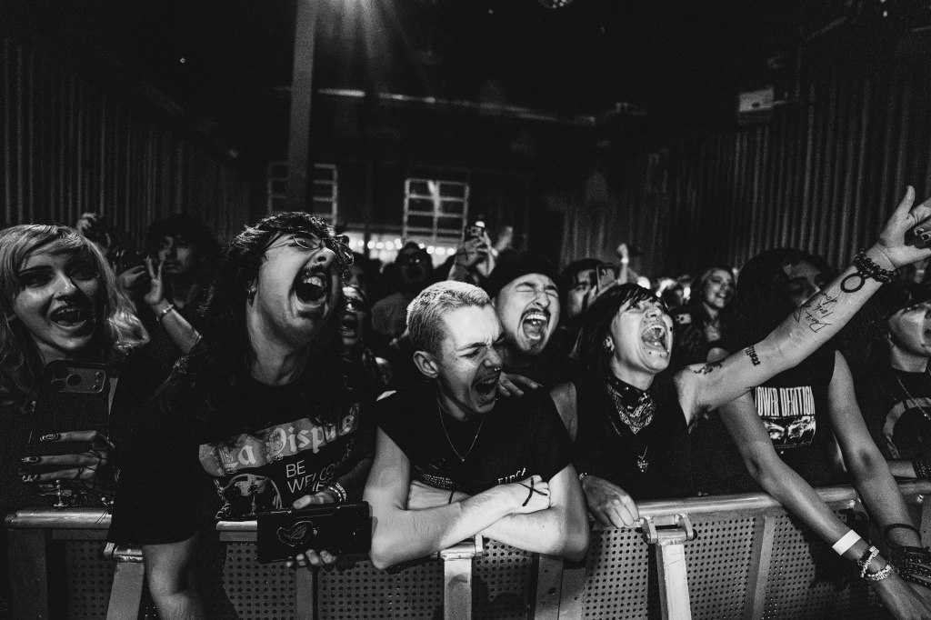 A group of enthusiastic concertgoers at a live music event, expressing excitement and energy while singing along, surrounded by a vibrant crowd.