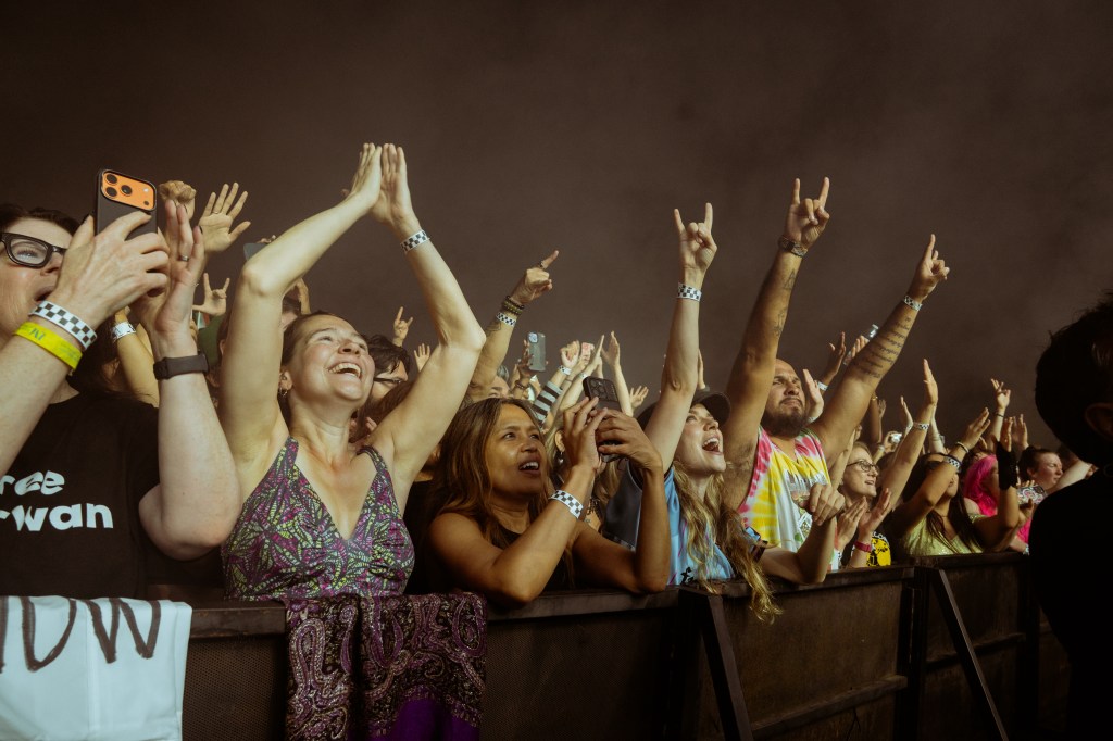 A lively crowd at a concert, with people cheering, clapping, and raising their hands in enthusiasm. Various individuals display a range of emotions, from excitement to joy, while some are holding up their phones to capture the moment.