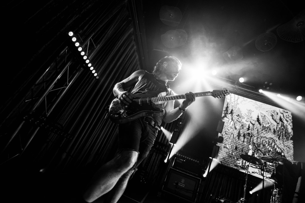 A musician passionately playing an electric guitar on stage, illuminated by dramatic lighting in a concert setting.