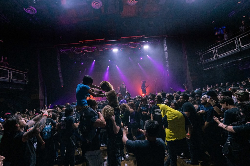 A lively concert scene with a large crowd enjoying a performance, featuring people dancing and wearing black clothing. The stage is illuminated with purple lighting, and some attendees are crowd surfing while others cheer enthusiastically.