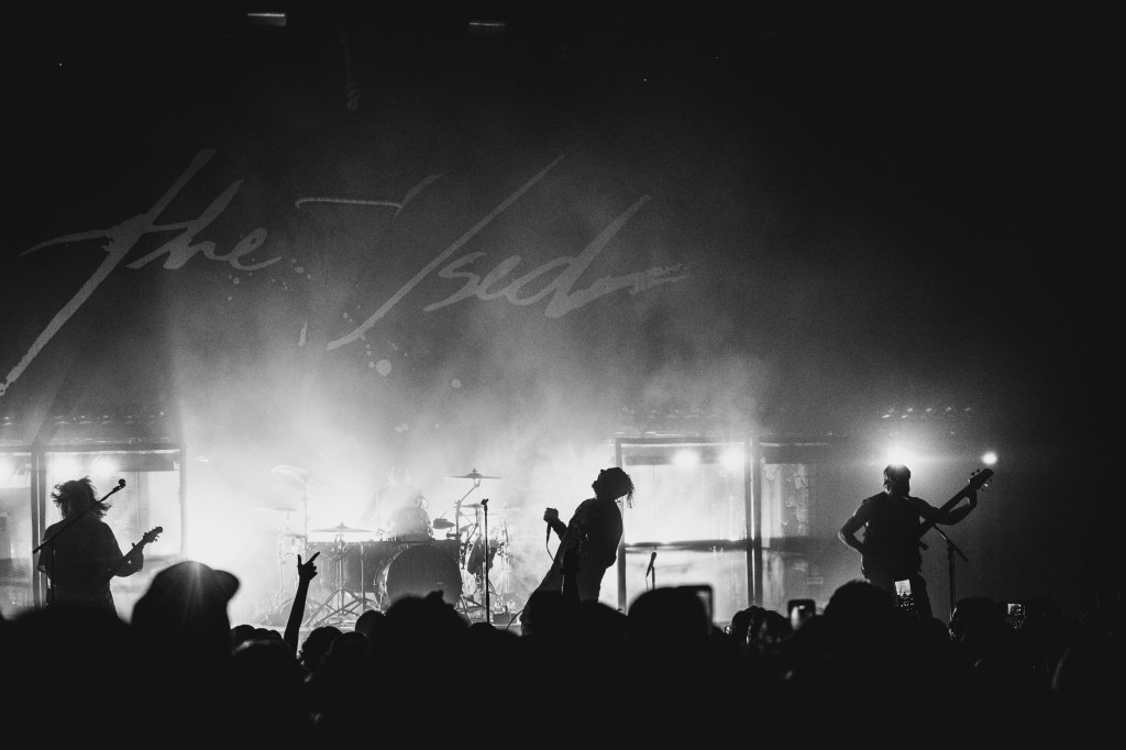 Silhouettes of band members performing on stage with dramatic lighting and smoke, creating a dynamic concert atmosphere.