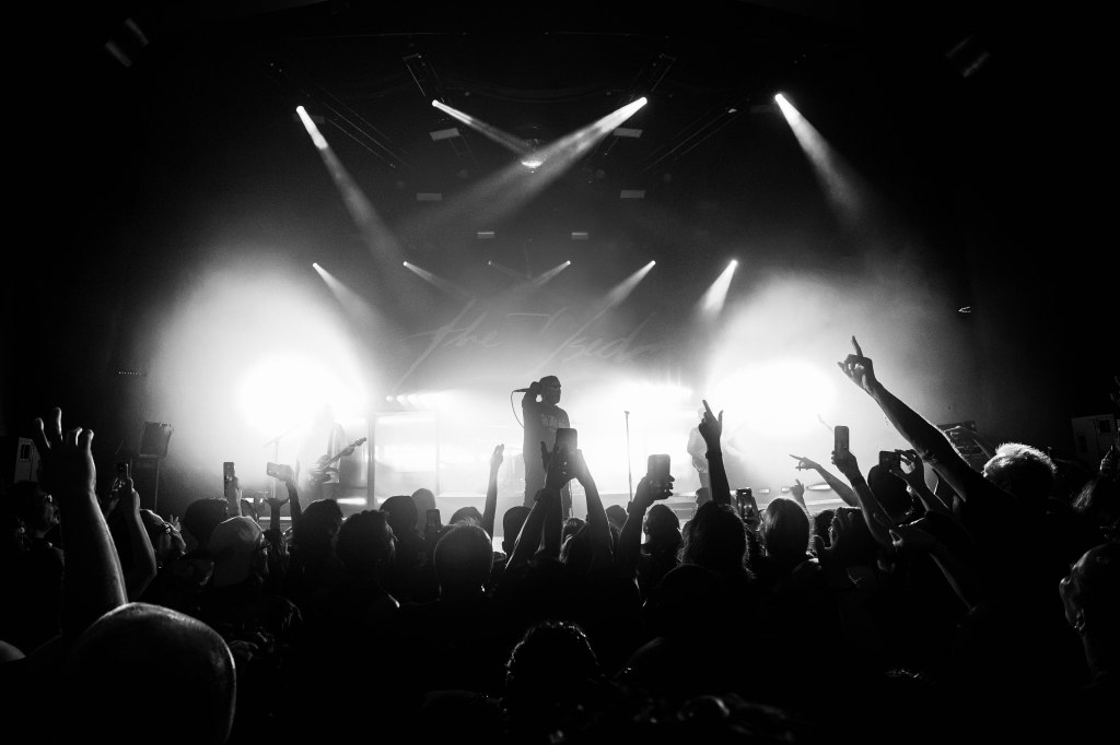A black and white image of a live concert with a musician performing on stage, surrounded by a crowd with raised hands and smartphones capturing the moment.