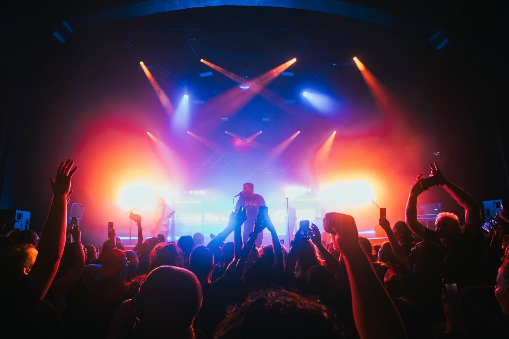 A lively concert scene featuring a crowd with raised hands, illuminated by colorful stage lights in a dark venue.
