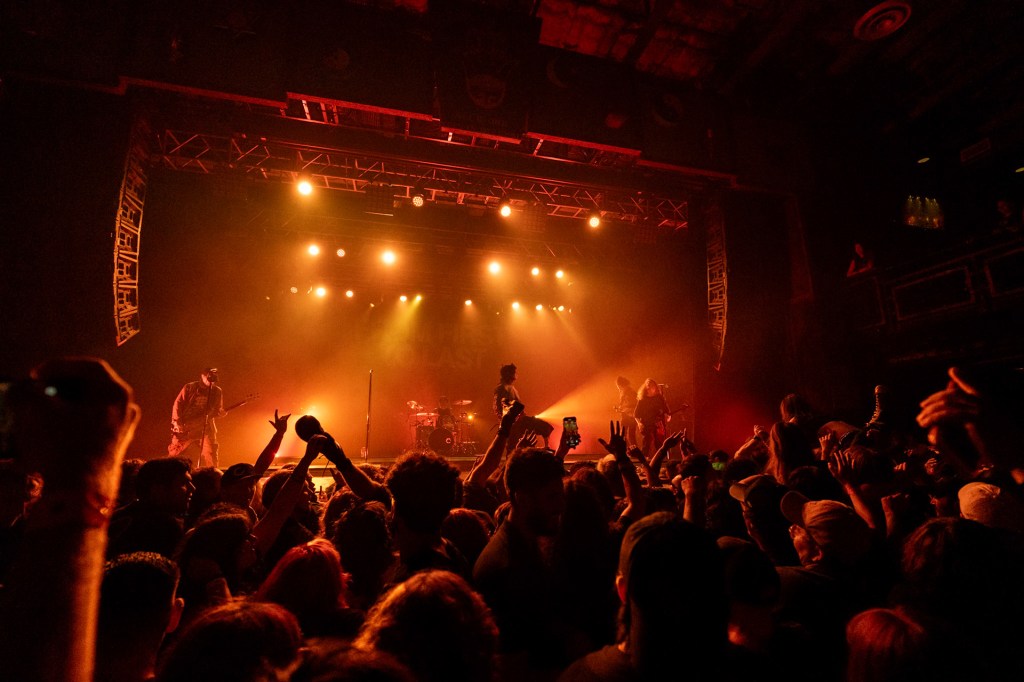A lively concert scene with a crowd of fans enjoying a performance on stage, illuminated by warm lights. The band members are in action onstage, while audience members are cheering and raising their hands.